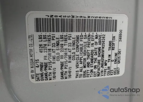 2015 Nissan Rogue Select S z USA, uszkodzony, nr VIN JN8AS5MV9FW256262